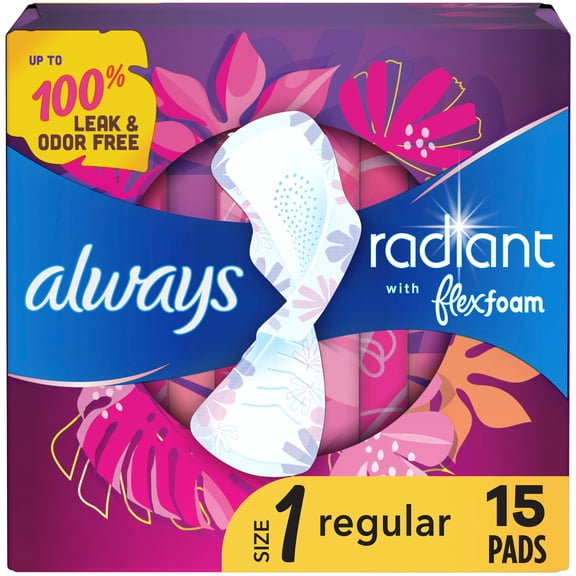 Always Radiant Feminine Pads with Wings, Size 1, Regular Absorbency, Scented, 15 Count