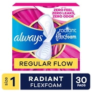 Always Radiant Feminine Pads with Wings, Size 1, Regular Absorbency, Scented, 30 Count