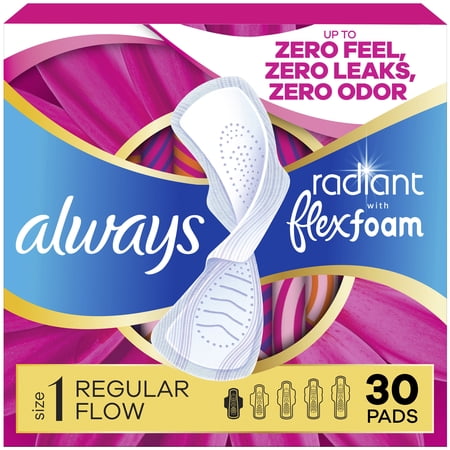 Always Radiant Feminine Pads with Wings, Size 1, Regular Absorbency, Scented, 30 Count