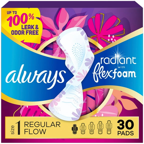 Always Radiant with FlexFoam Pads, Size 1, Regular, Wings, 30 Count