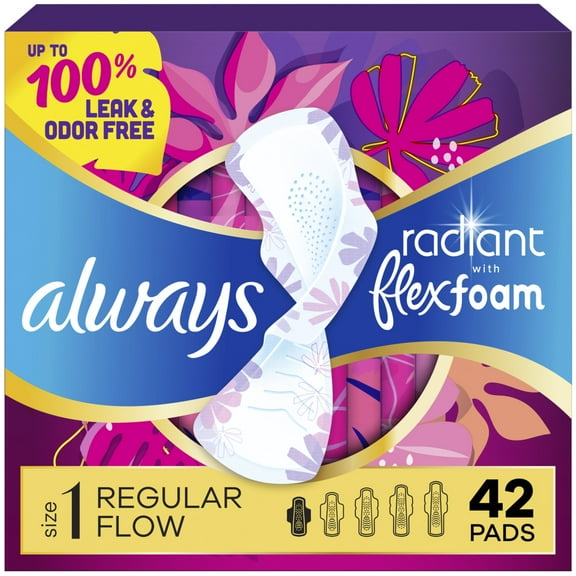 Always Radiant with FlexFoam Pads, Size 1, Regular, Wings, 42 Count