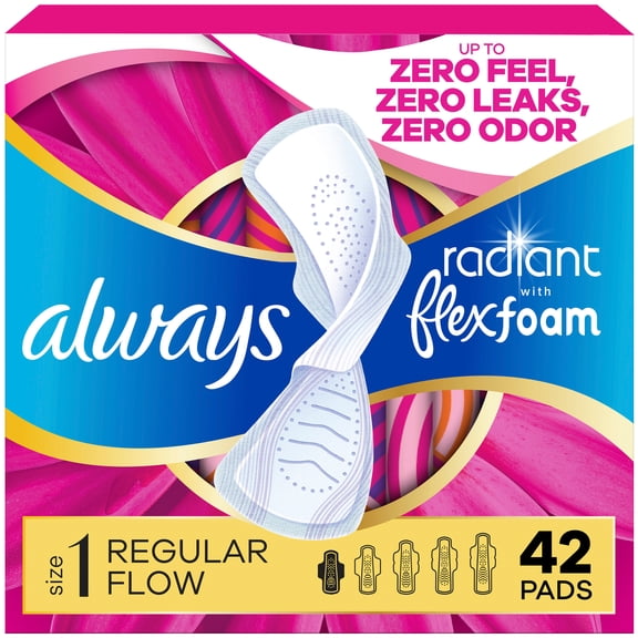Always Radiant Feminine Pads with Wings, Size 1, Regular Absorbency, Scented, 42 Count