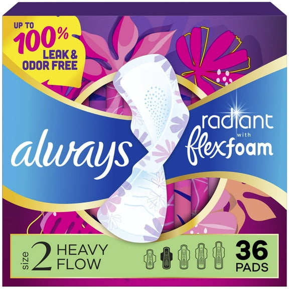 Always Radiant with FlexFoam Pads, Size 2, Heavy, Wings, 36 Count