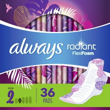 Always Radiant Feminine Pads with Wings, Size 2, Heavy Absorbency, Scented, 36 CT