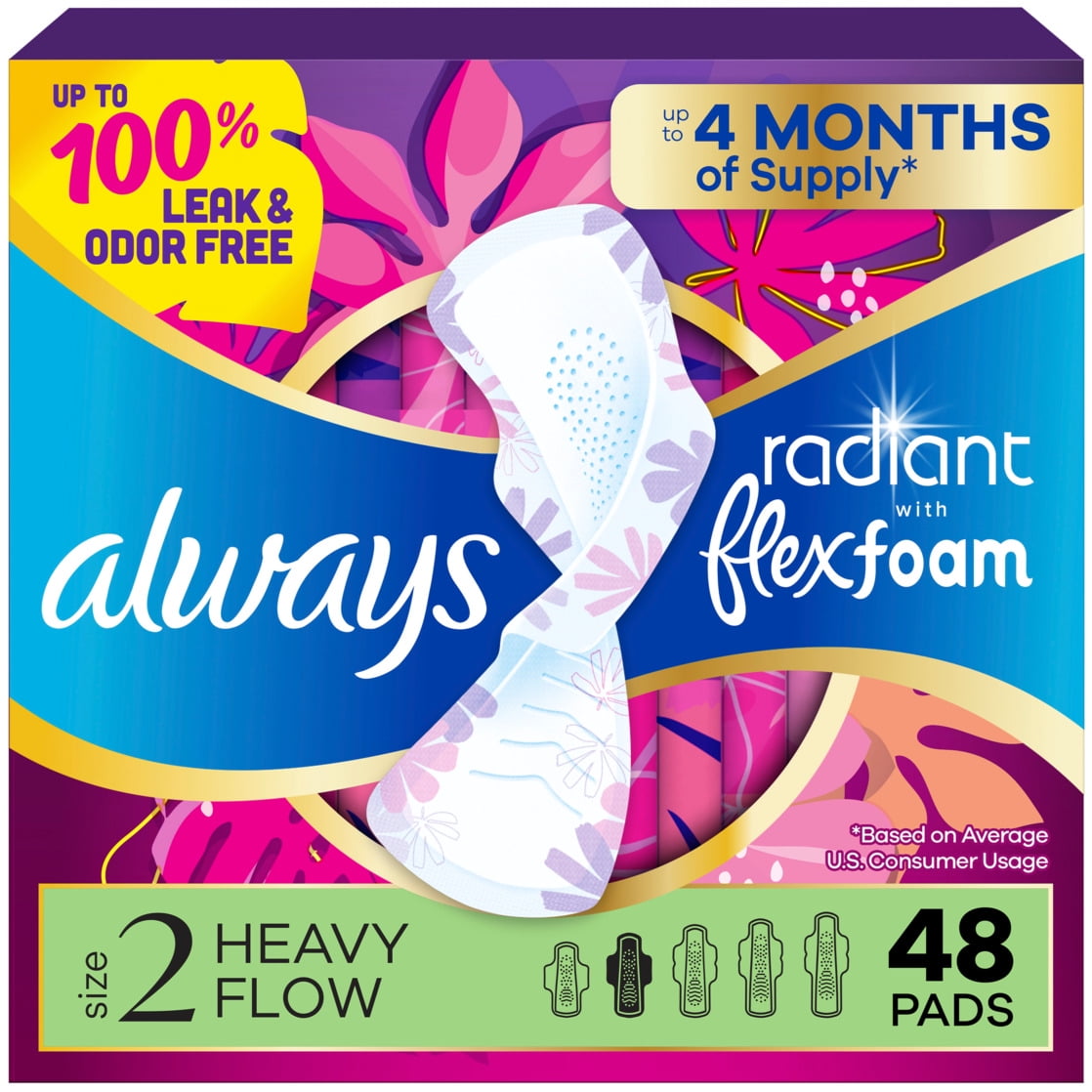 Always Radiant with FlexFoam Pads, Size 2, Heavy, Wings, 48 Count