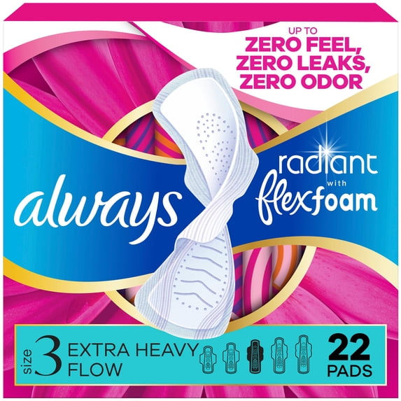 Always Radiant with FlexFoam Pads, Size 3, Extra Heavy, Wings, 22 Count