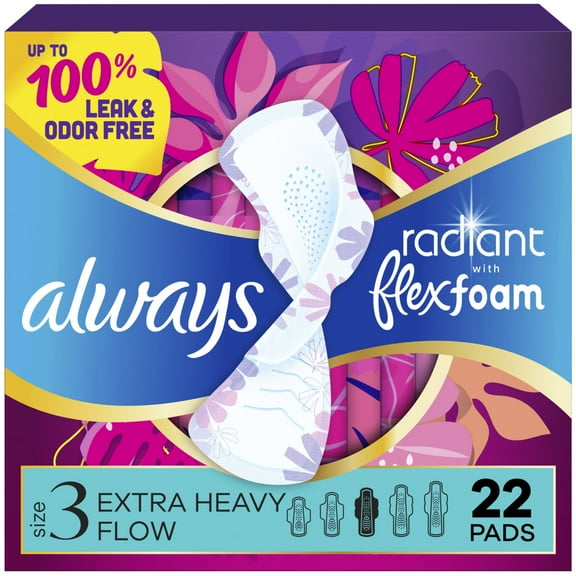 Always Radiant with FlexFoam Pads, Size 3, Extra Heavy, Wings, 22 Count