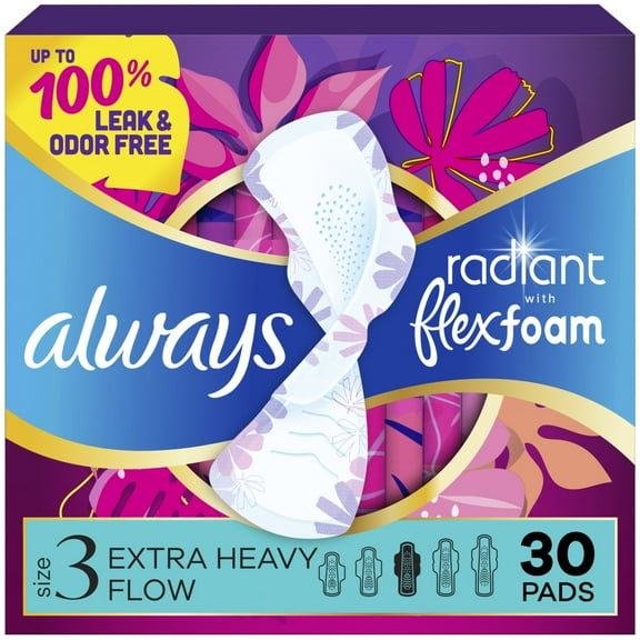 Always Radiant with FlexFoam Pads, Size 3, Extra Heavy, Wings, 30 Count