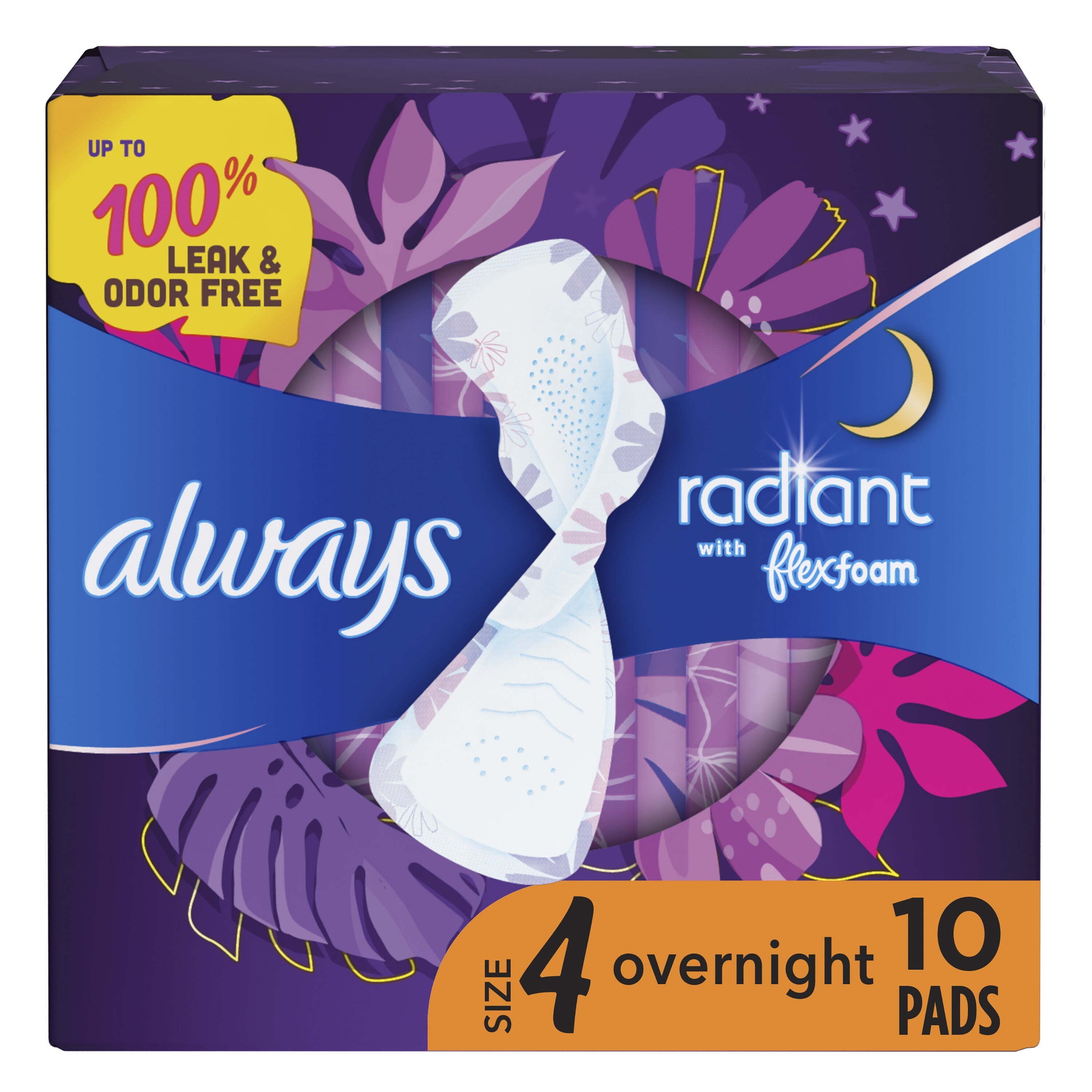 Always Radiant Feminine Pads with Wings Size 4 Overnight Absorbency Scented 10 Count Walmart