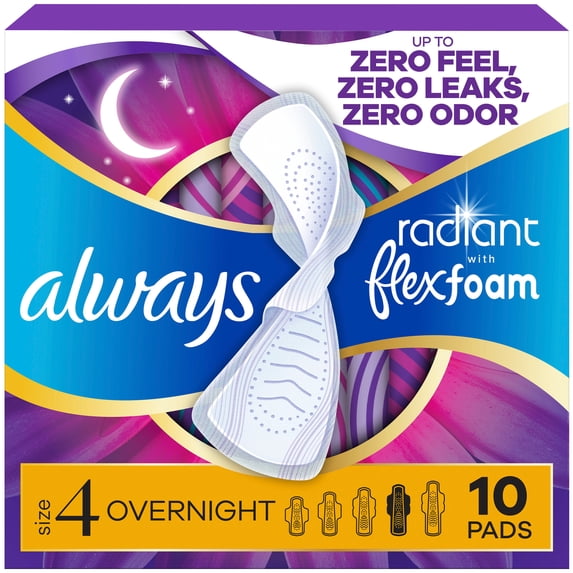 Always Radiant with FlexFoam Pads, Size 4, Overnight, Wings, 10 Count