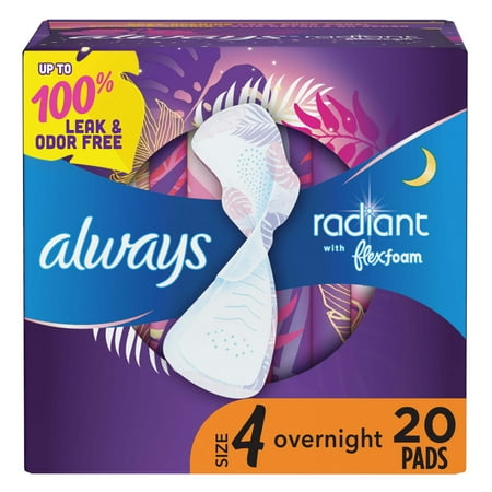 Always Radiant Feminine Pads with Wings, Size 4, Overnight Absorbency, Scented, 20 Count