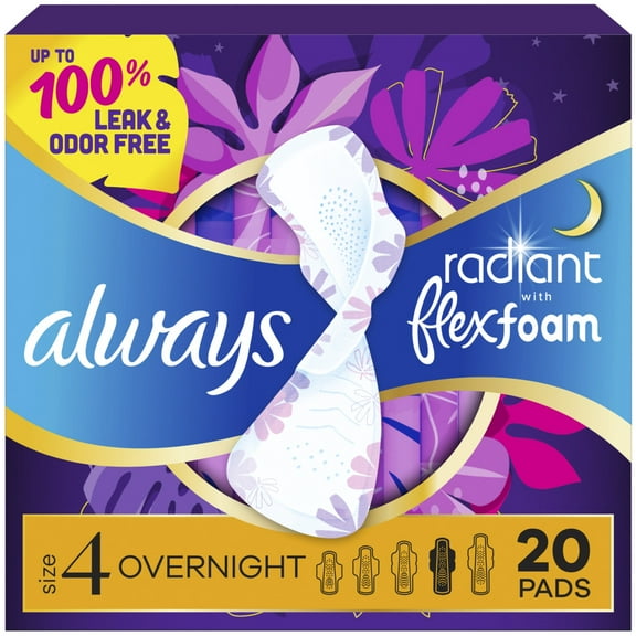 Always Radiant with FlexFoam Pads, Size 4, Overnight, Wings, 20 Count