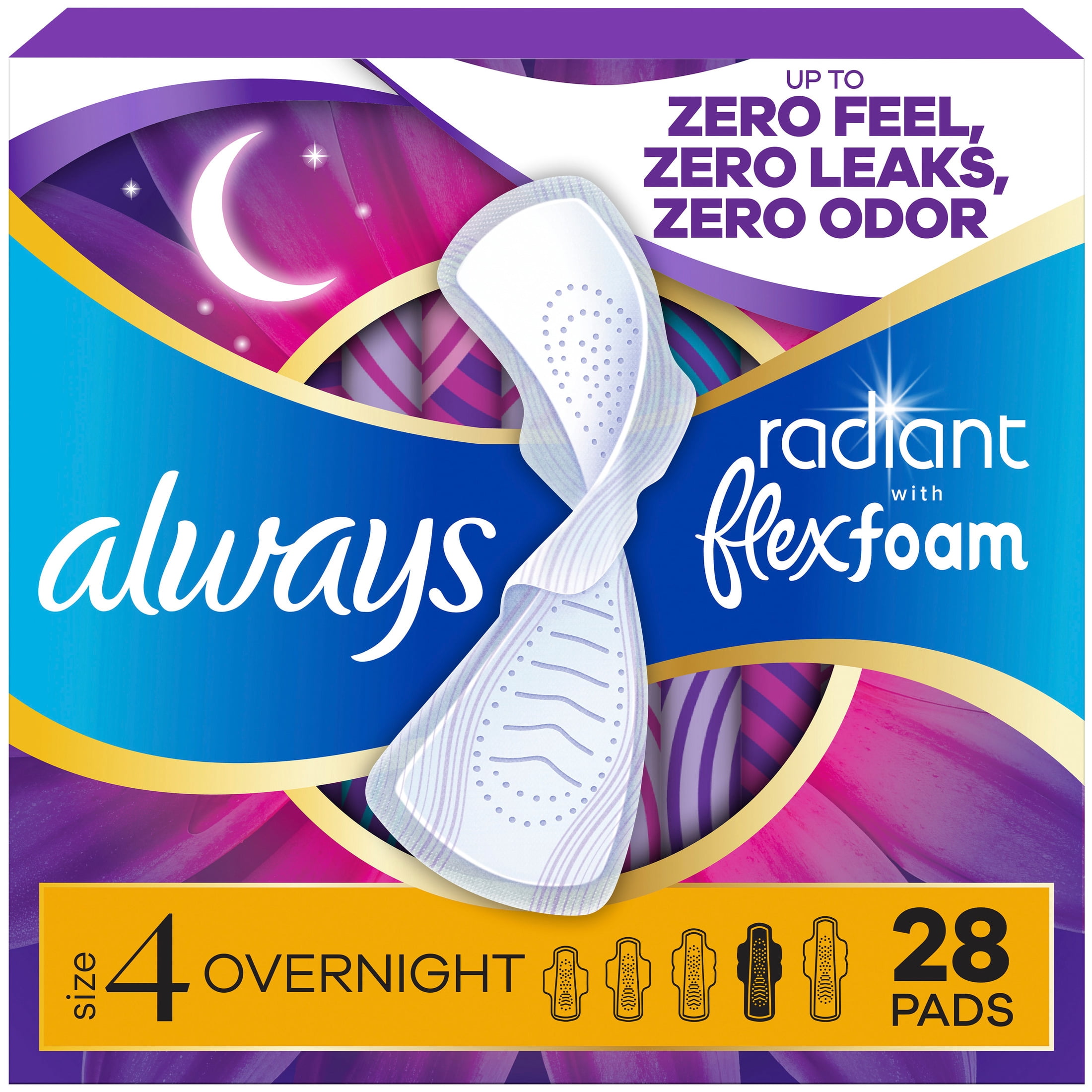 Always Radiant with FlexFoam Pads, Size 4, Overnight, Wings, 28 Count