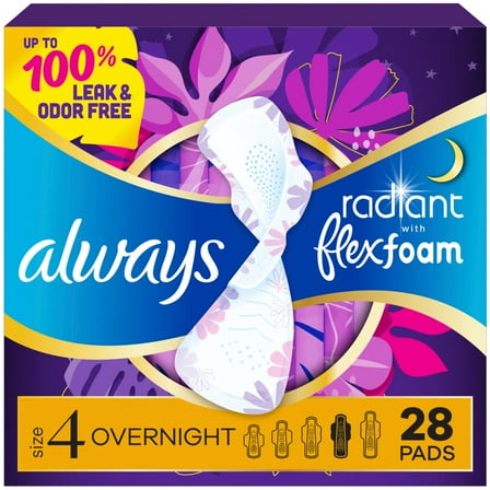 Always Radiant with FlexFoam Pads, Size 4, Overnight, Wings, 28 Count