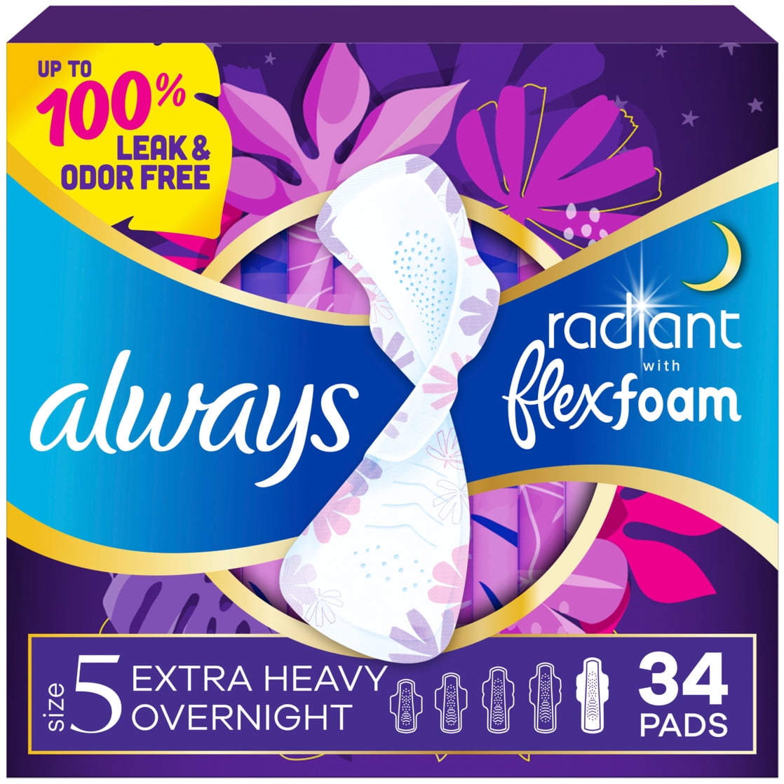 Always Radiant with FlexFoam Pads, Size 5, Extra Heavy Overnight, with Wings, Unscented, 34 Count