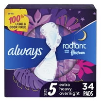 Always Radiant Feminine Pads with Wings, Size 5, Extra Heavy Overnight Absorbency, 34 Ct