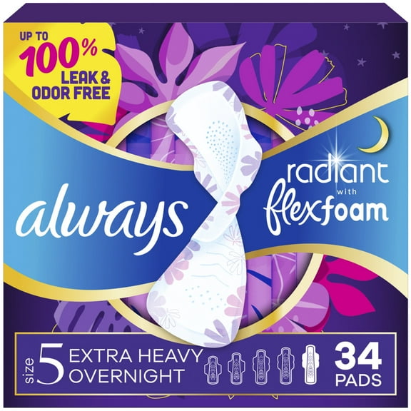 Always Radiant with FlexFoam Pads, Size 5, Extra Heavy Overnight, with Wings, Unscented, 34 Count