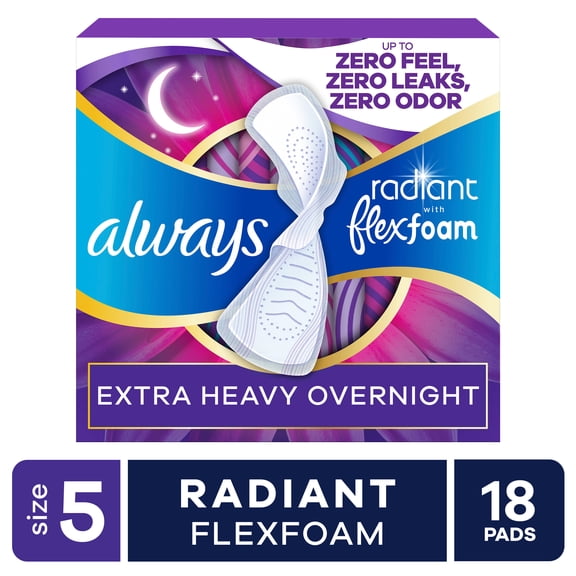 Always Radiant with FlexFoam Pads, Size 5, Extra Heavy Overnight, Wings, 18 Count