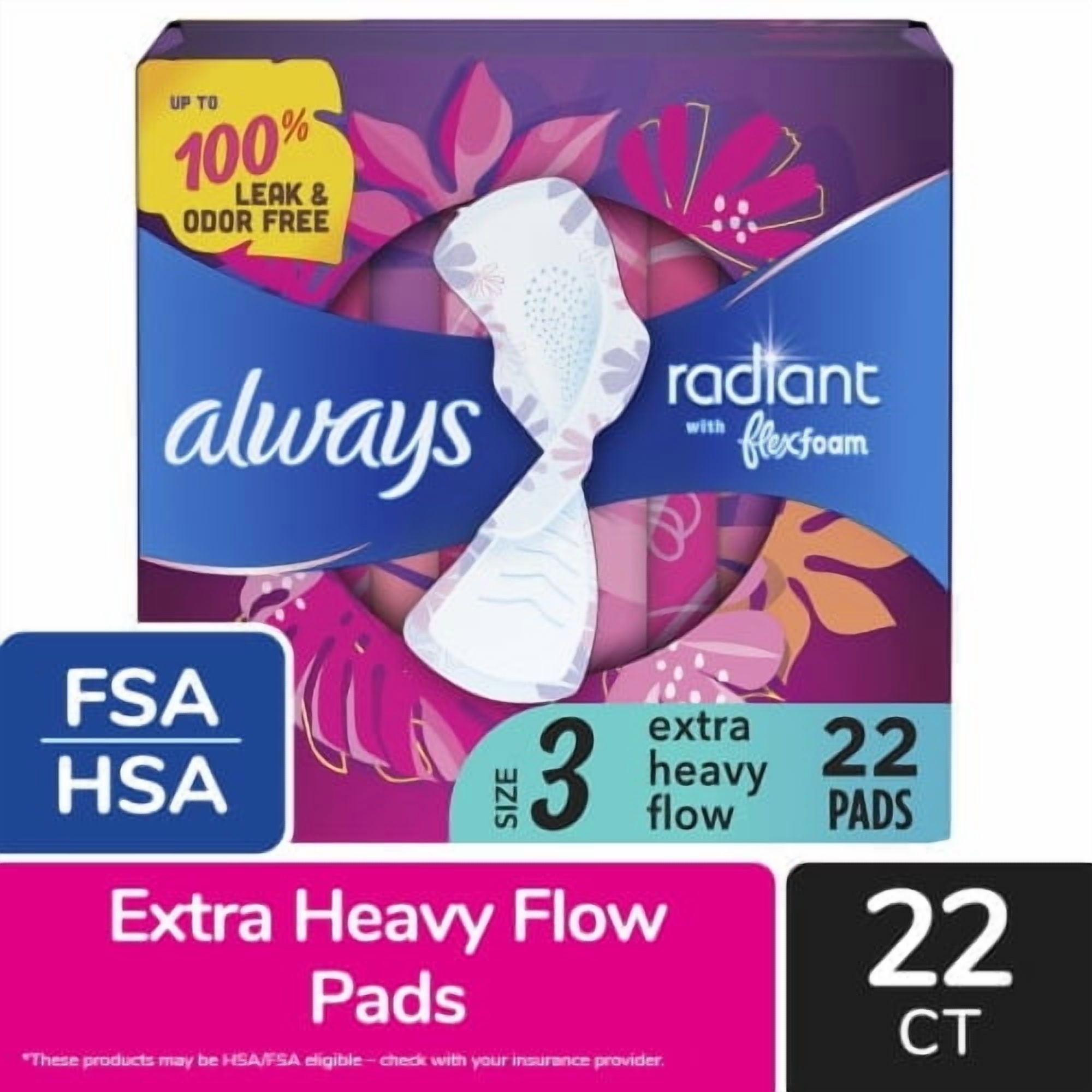 Always Radiant FlexFoam Pads with Wings Extra Heavy Flow Absorbency Size 3 Scented 22 count