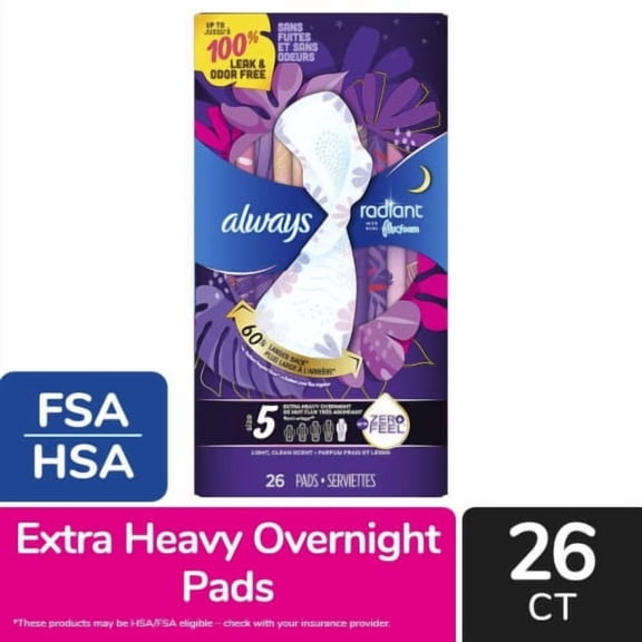 Always Radiant FlexFoam Pads with Wings Extra Heavy Overnight Absorbency Size 5 Scented