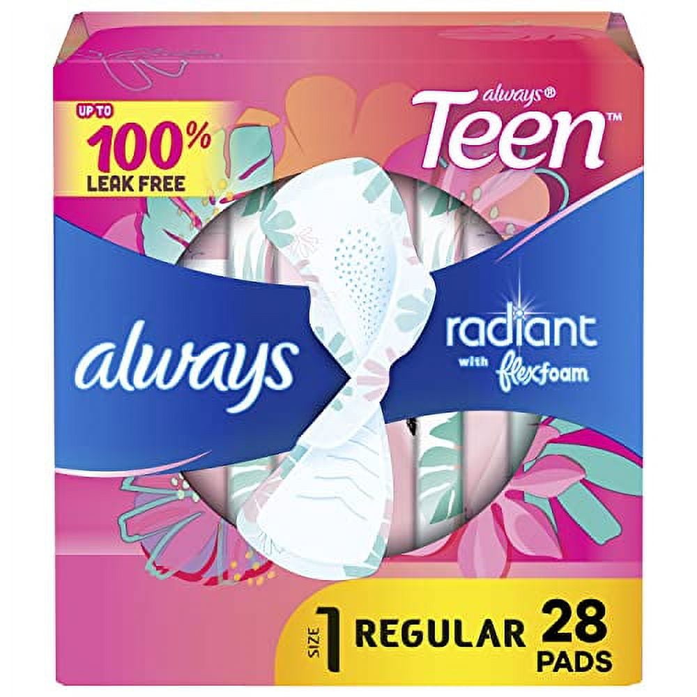 Always Radiant Teen Feminine Pads with FlexFoam, Size 1, Regular, with Wings, Unscented, 28 CT