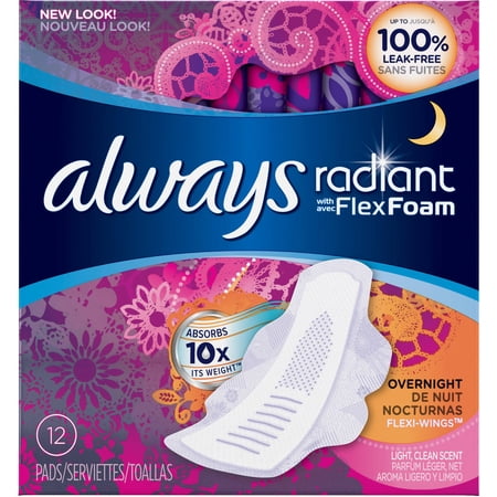 Always Radiant Infinity Overnight Pads, 12 Count