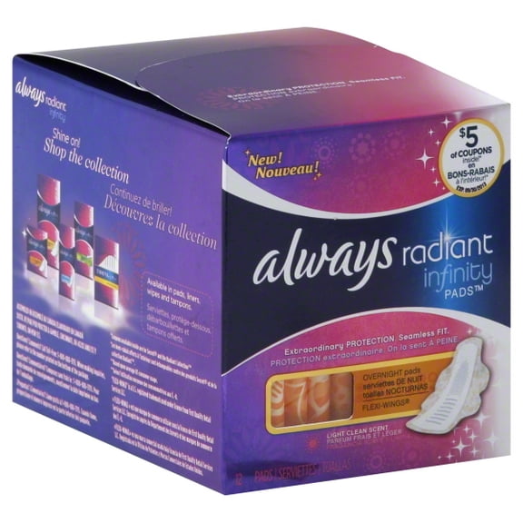 Always Radiant Infinity Overnight Pads, 12 Count