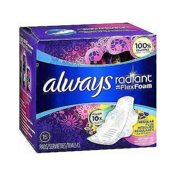 Always Radiant Infinity Pads Regular Flow with Flexi-Wings Light Clean Scent - 15 Ct, Pack of 4