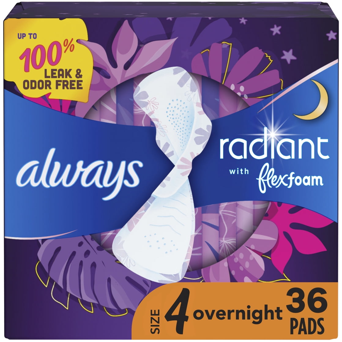 Always Radiant with FlexFoam Pads, Size 4, Overnight, Wings, 36 Count