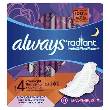 Always Radiant Overnight Pads, Size 4, Light Clean Scent, 11 Count