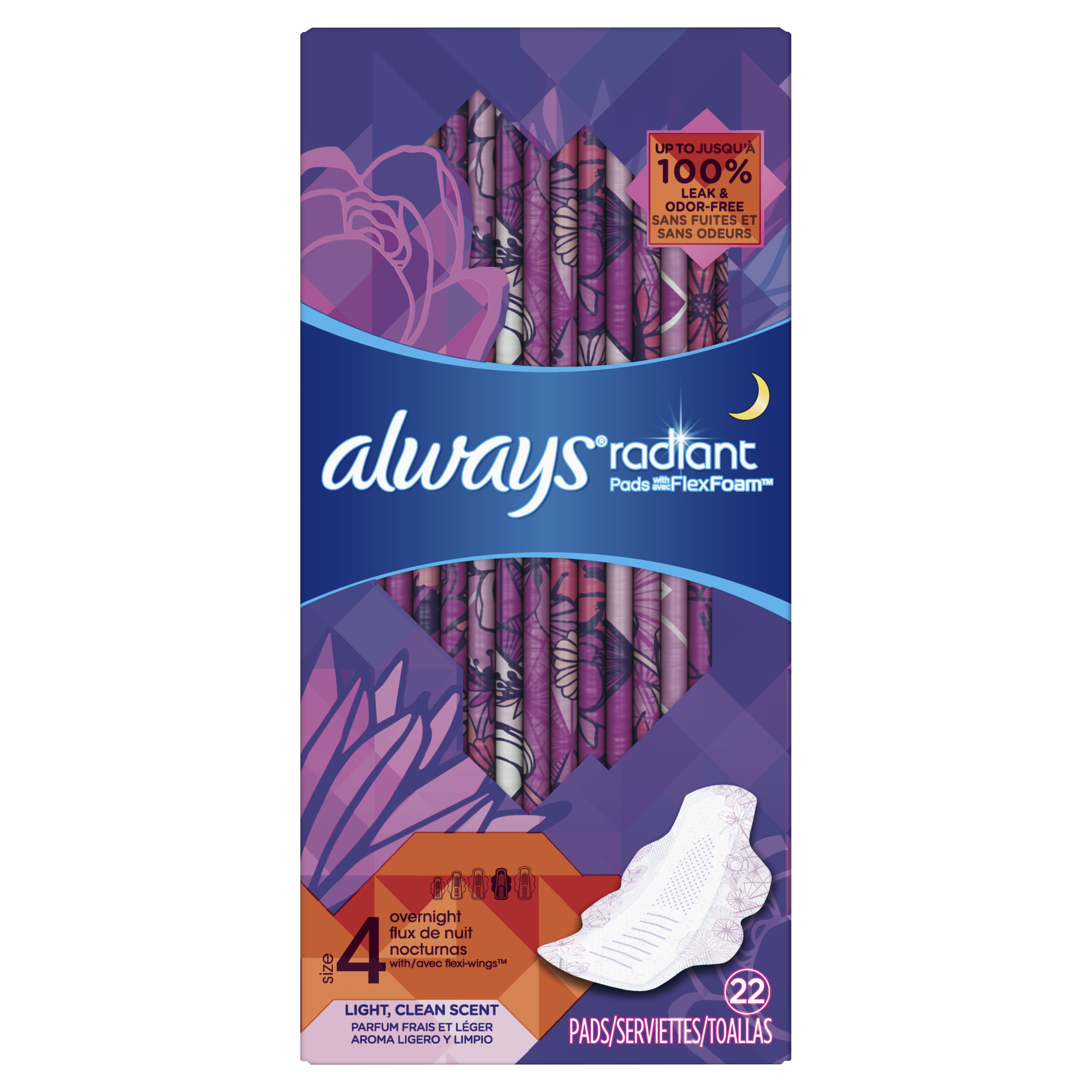 Always Radiant Overnight Pads, Winged, Light Clean Scent Size 4 22 ct