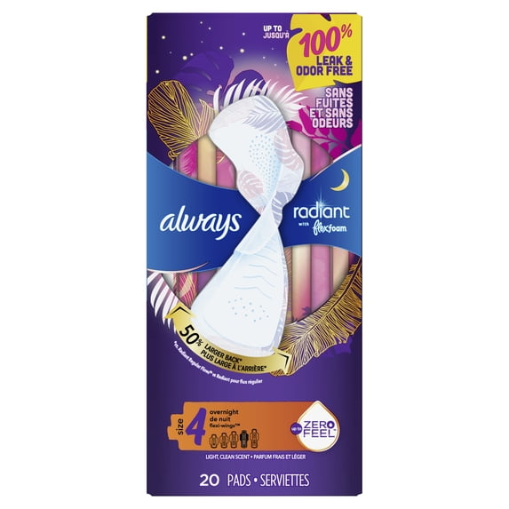 Always Radiant Overnight Pads with Wings, Scented, Size 4, 20 Ct - 2 Pack