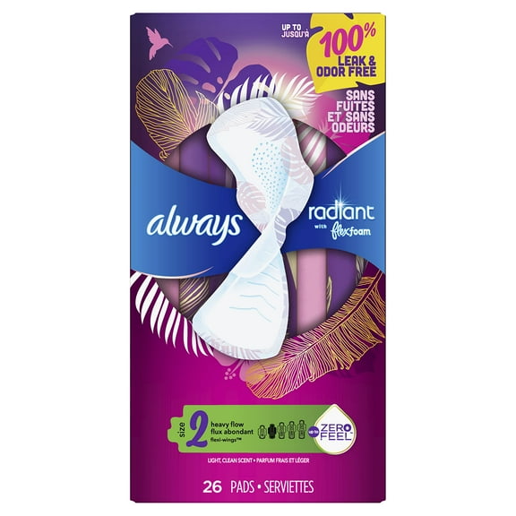 Always Radiant Pads, Size 2, Heavy Flow Absorbency (Pack of 18)