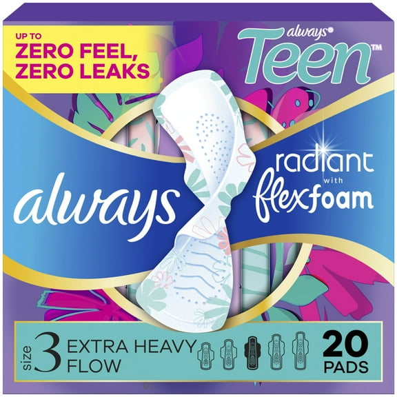 Always Radiant Teen Pads, Size 3, Extra Heavy, Wings, 20 count