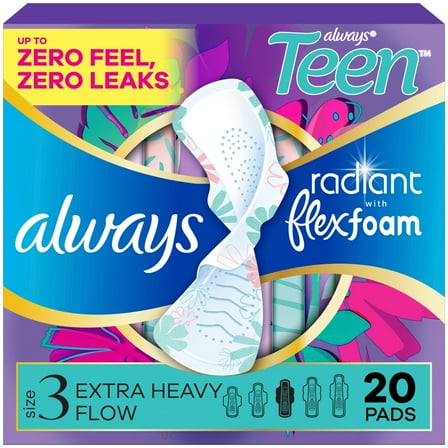 Always Radiant Teen Pads, Size 3, Extra Heavy, Wings, 20 Count