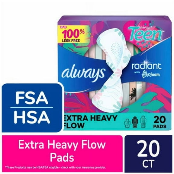Always Radiant Teen Pads with FlexFoam Extra Heavy Absorbency Size 3 Unscented 20 count