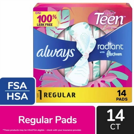 Always Radiant Teen Pads with FlexFoam Regular Absorbency Size 1 Unscented 14 count