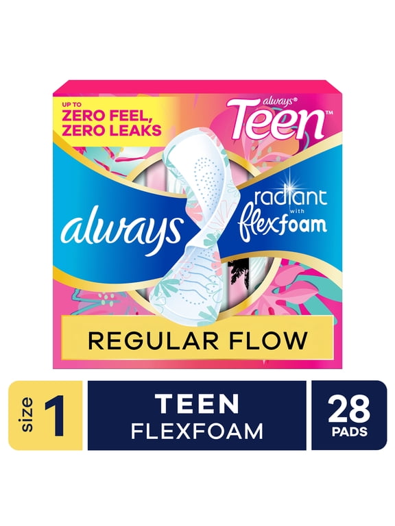 Radiant Teen Pads, Size 1, Regular, with Wings, Unscented, 28 Count