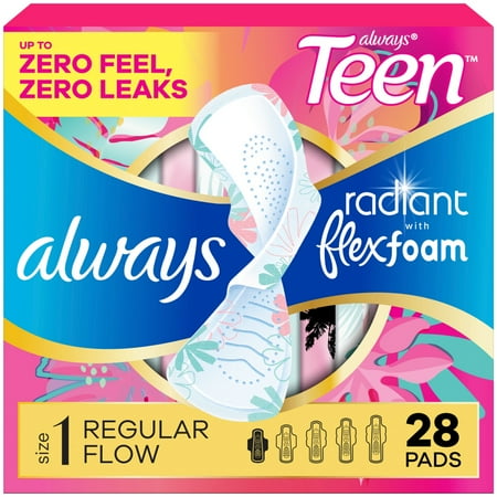 Always Radiant Teen Pads, Size 1, Regular, with Wings, Unscented, 28 Count