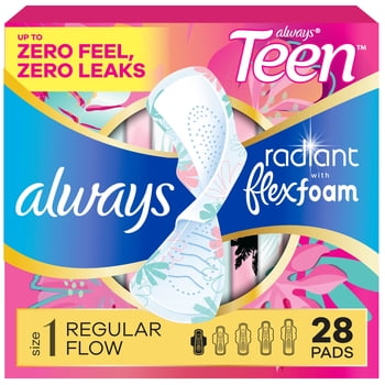 Always Radiant Teen Pads, Size 1, Regular, with Wings, Unscented, 28 Count