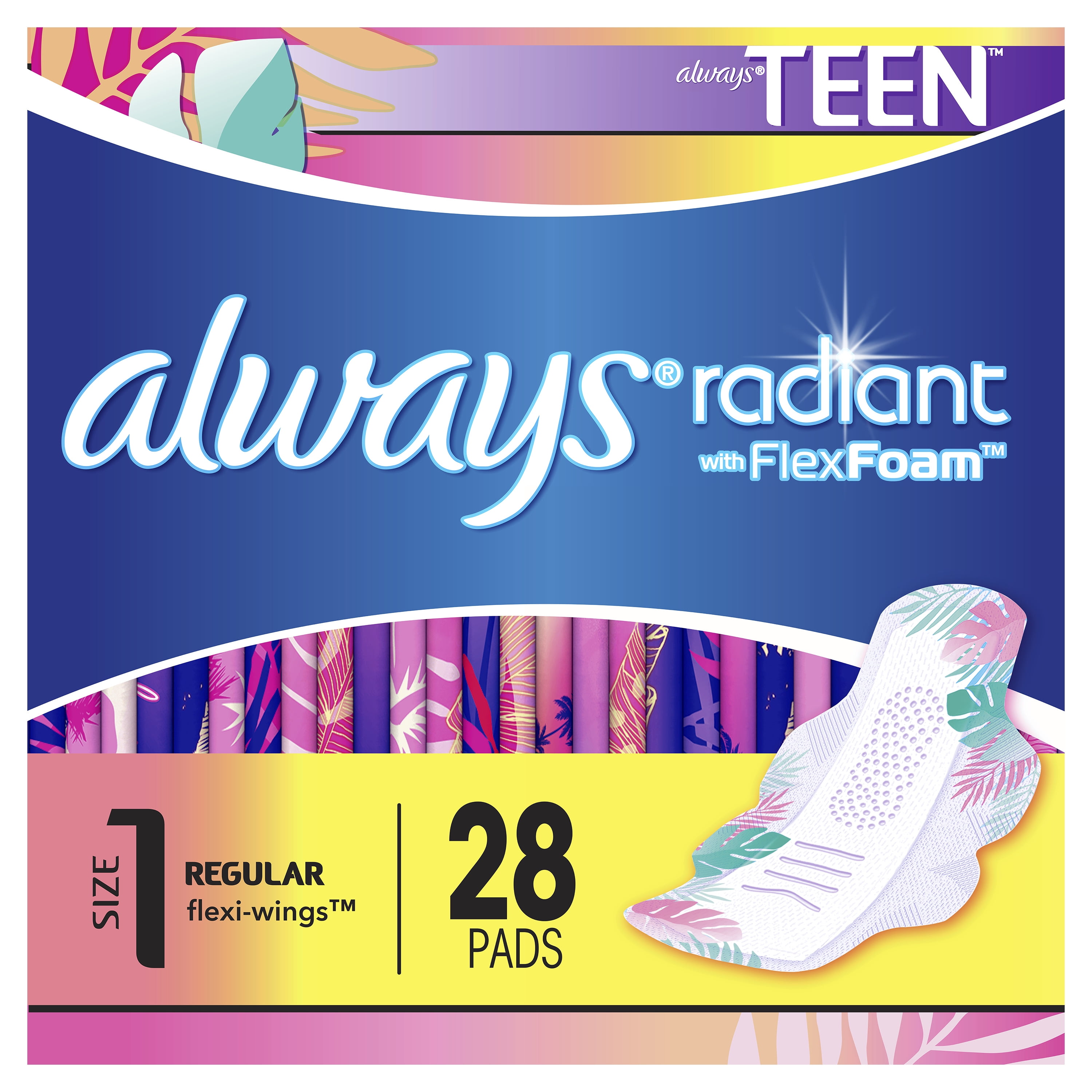https://i5.walmartimages.com/seo/Always-Radiant-Teen-Regular-Flow-Pads-Size-1-Unscented-with-Wings-28-Count_049077a8-c275-4a7d-9e80-fde03e6fbf0a_1.966ec72e867ea46db29f1dbe3ac9b965.jpeg