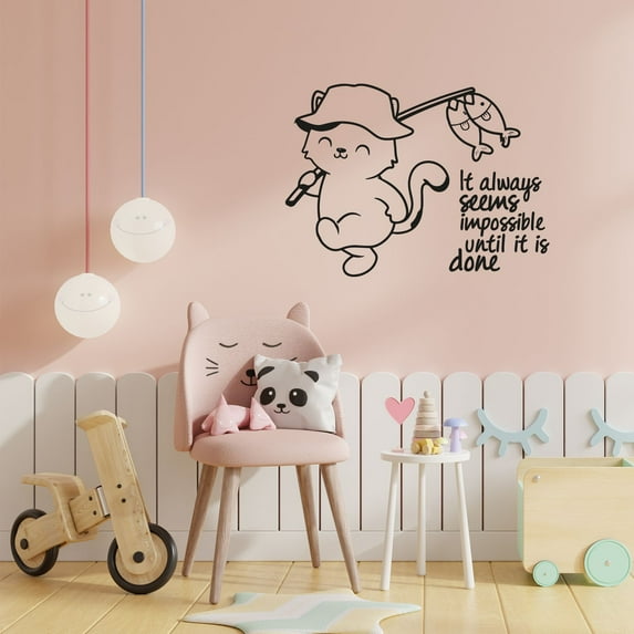 It Always Seems Impossible Until It Is Done -Life Quote Cute Little Cat Kitten Fun Fishing Hobby Vinyl Wall Art Sticker Decal Home Kids Recreational Fishing Bedroom Boys Girls Décor Size(8x10 inch)