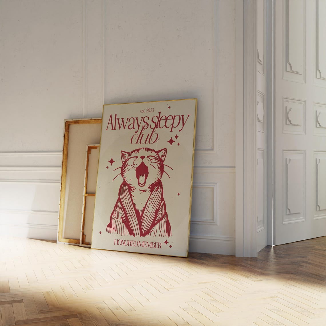 Always Sleepy Club Cat Poster, Cozy Animal, Yawning Typography ...