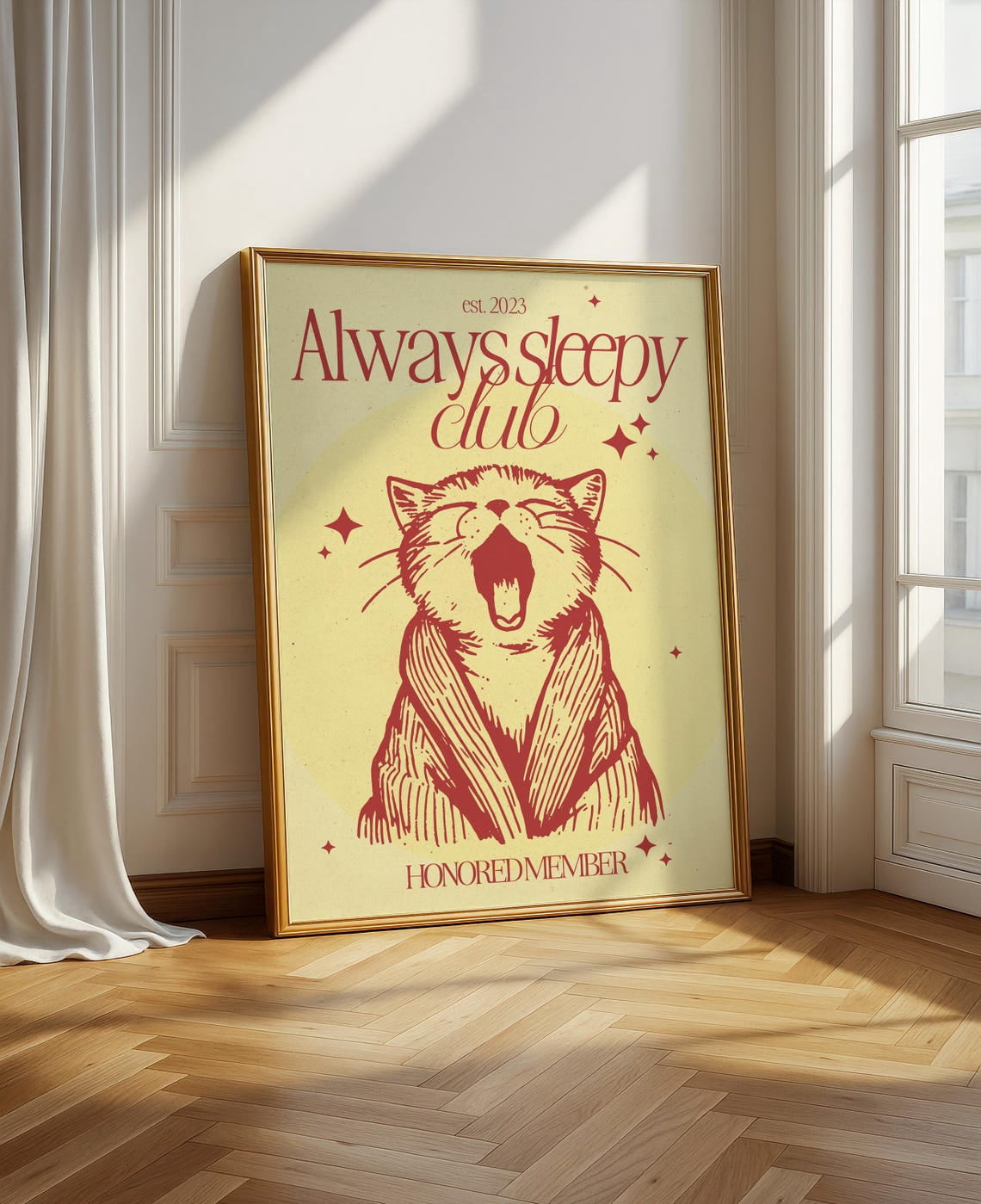 Always Sleepy Club Cat Poster, Cozy Animal, Yawning Typography ...