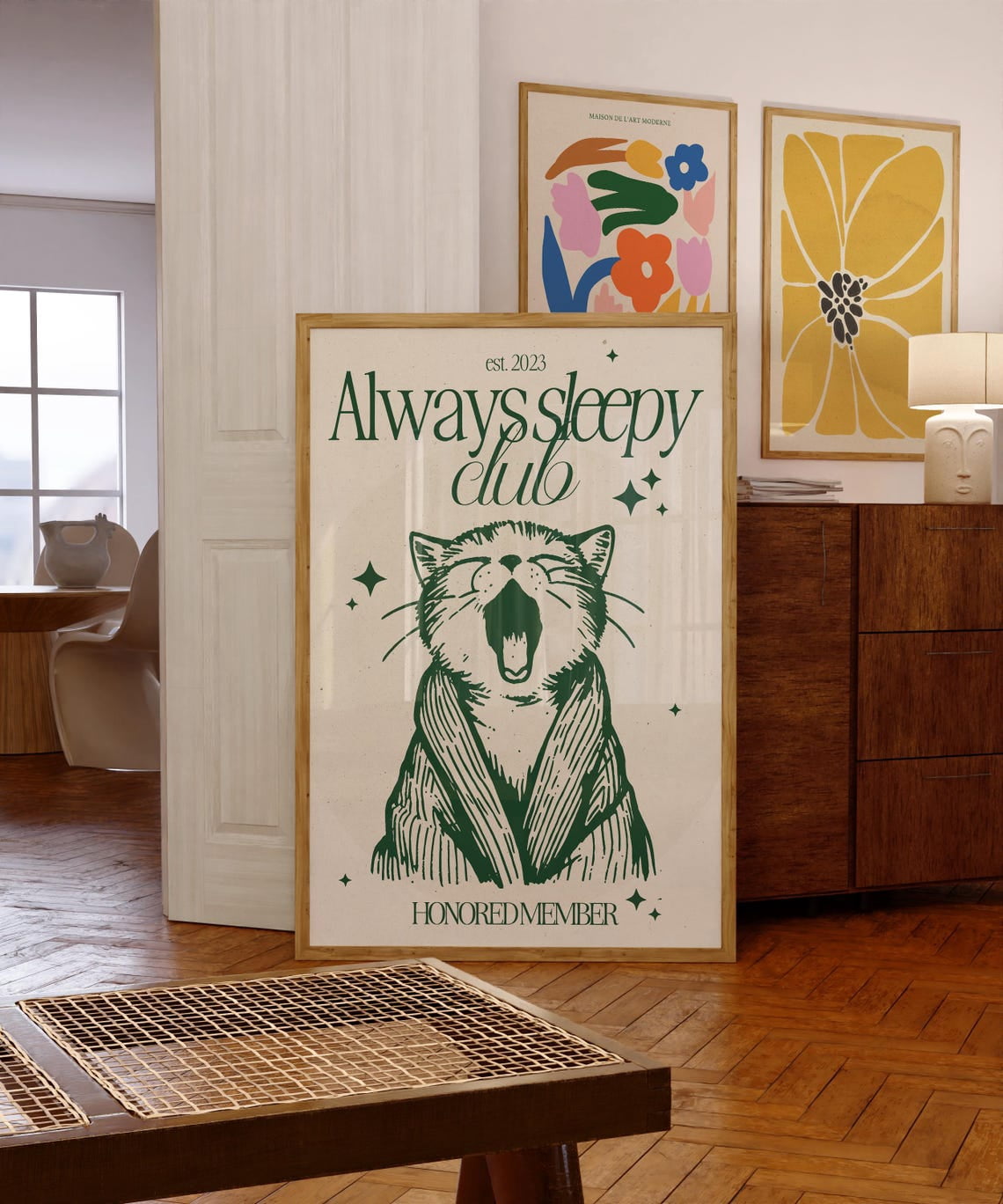 Always Sleepy Club Cat Poster, Green Cozy Animal, Yawning Typography ...