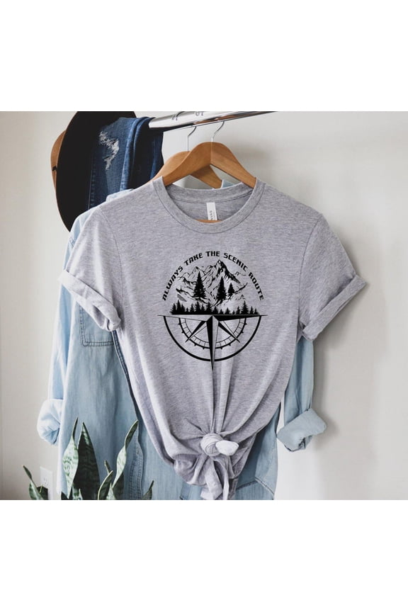 Always Take The Scenic Route Shirt, Compass Hiking Shirt, Adventure TShirt, Camper Squad Shirt, Nature Lover, Scout Team T-Shirt, F4950 All Size S-5Xl