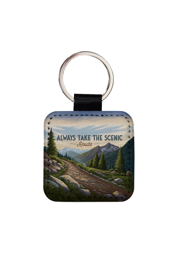Always Take The Scenic Route Hiking Trail Faux Leather Square Keychain