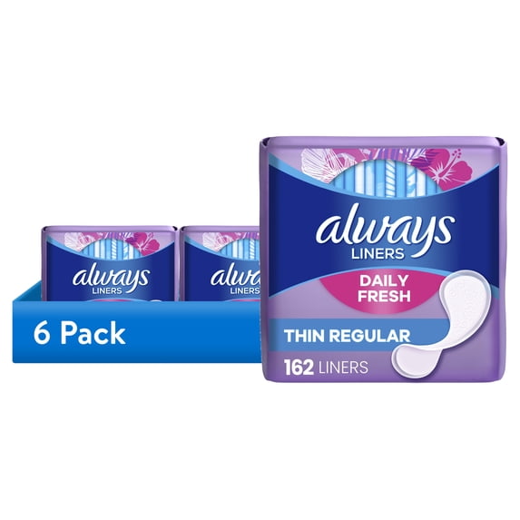 (6 pack) Always Thin No Feel Protection Daily Liners, Regular, Unscented, 162 Count