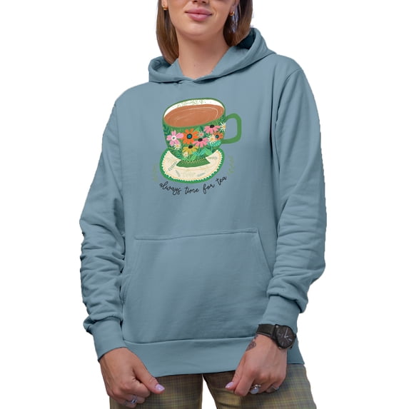 Always Time for Tea Quote with Cute Hand Drawn Teacup or Cup of Tea Art Merch Gift, Light Blue Hooded Sweatshirt or Hoodie, Large