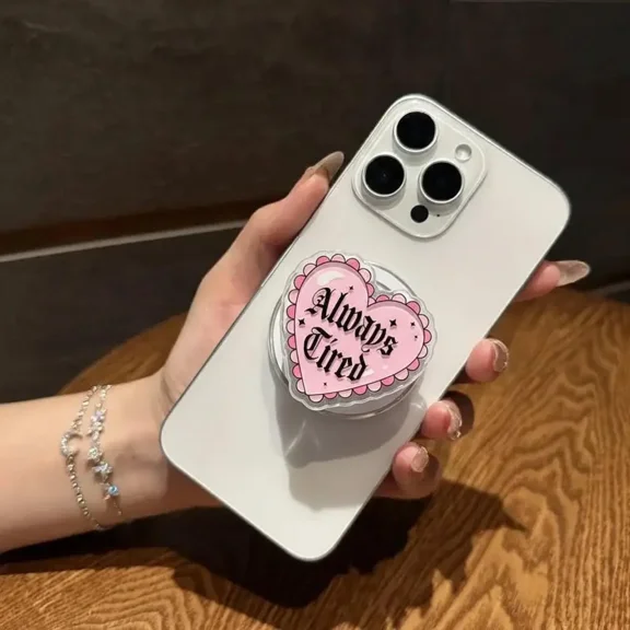 Always Tired Heart Magnetic Phone Grip- Cute Pink Pop Socket with Bold Text, Fun Phone